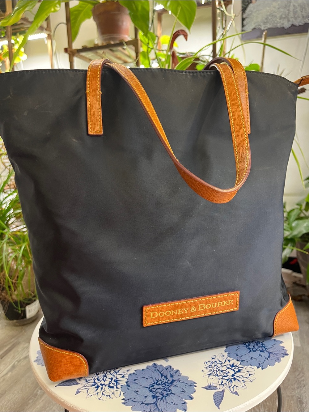 Dooney & Bourke Navy Tote with Brown Leather Trim